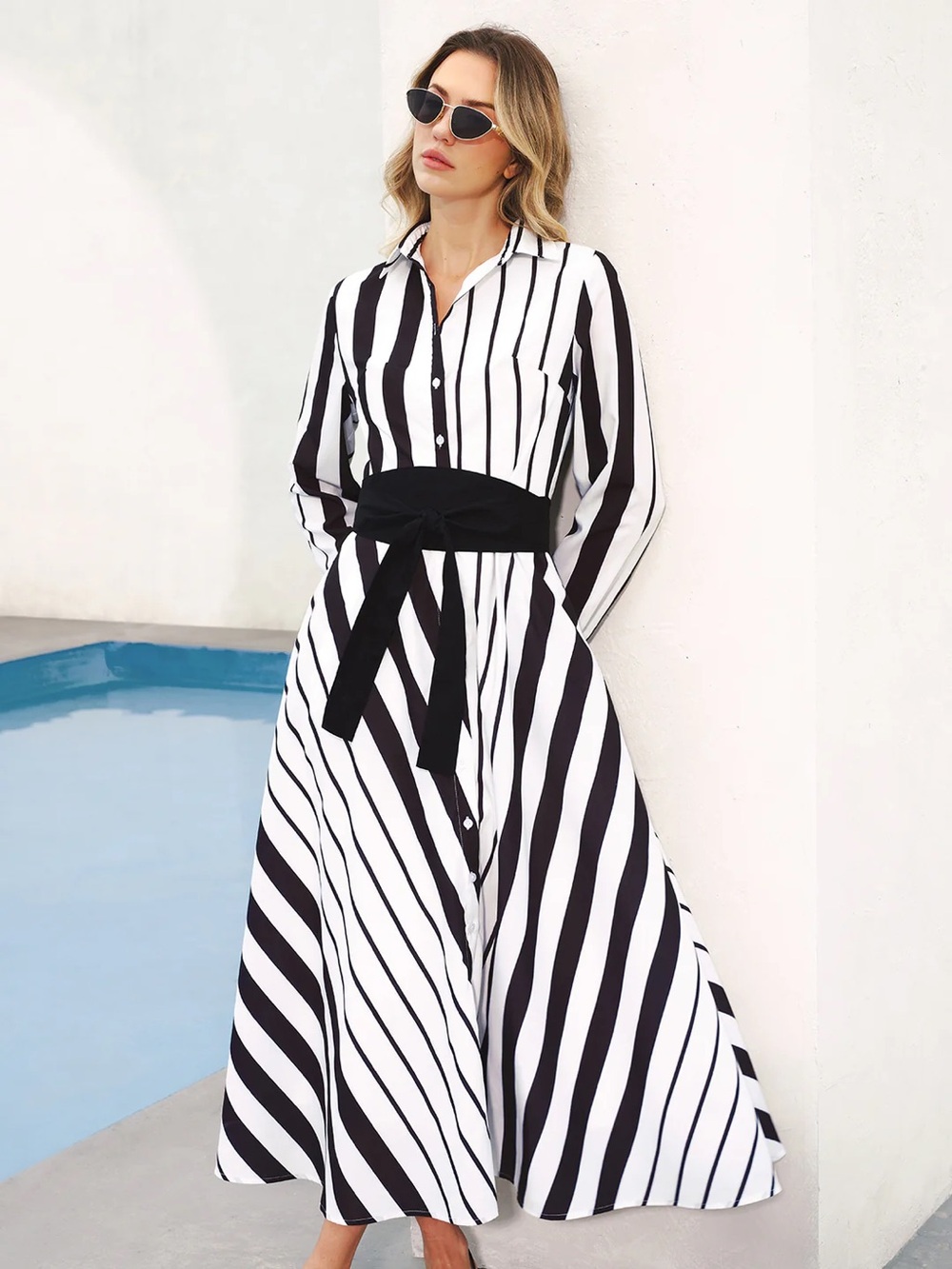 105 Striped Belted Shirt Midi Dress - Picture 2 of 6